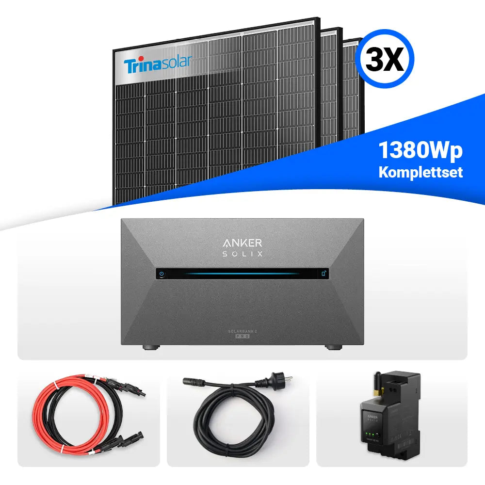 1380W Balkonkraftwerk Komplettset mit Speicher – ausgestattet mit 3x Trina Vertex S+ 460W Glas-Glas Black Frame Solarmodulen, Anker Solix Solarbank 2 Pro, Smart Meter sowie allen notwendigen Kabeln und Zubehör. Erhältlich bei sh24.