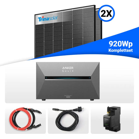 920W Balkonkraftwerk Komplettset mit Speicher – bestehend aus 2x Trina Vertex S+ 460W Black Frame bifazialen Solarmodulen und der Anker Solix Solarbank 3 Pro. Inklusive Smart-Meter, Kabel und Zubehör. Erhältlich bei sh24.