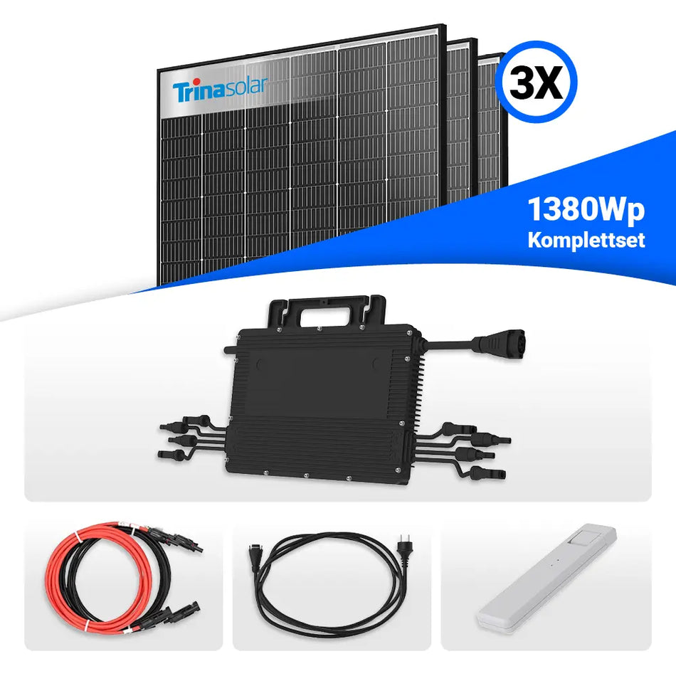 1380W Balkonkraftwerk – Komplettset mit 3x Trina Vertex S+ 460W Glas-Glas Solarmodulen im Black Frame Design und Hoymiles HMS-1600W-4T Wechselrichter. Inklusive DTU WLITE-S, MC4-Kabel und Schuko-Anschlusskabel. Erhältlich bei sh24.