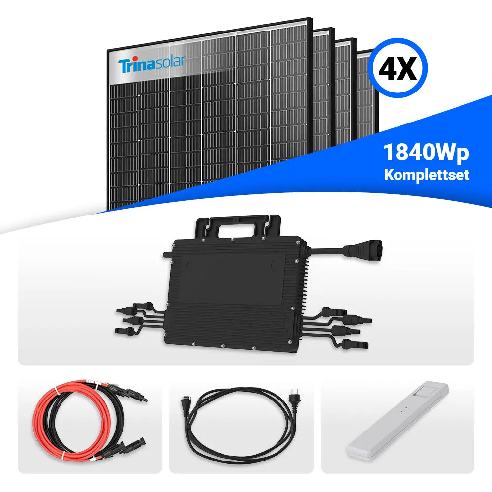1840W Balkonkraftwerk – Komplettset mit 4x Trina Vertex S+ 460W Glas-Glas Solarmodulen im Black Frame Design und Hoymiles HMS-1600W-4T Wechselrichter. Inklusive DTU WLITE-S, MC4-Kabel und Schuko-Anschlusskabel. Erhältlich bei sh24.