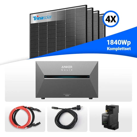 1840W Balkonkraftwerk Komplettset mit Speicher – ausgestattet mit 4x Trina Vertex S+ 460W Glas-Glas Solarmodulen im Black Frame Design und der Anker Solix Solarbank 3 Pro. Inklusive Smart-Meter, Anschlusskabel und Zubehör. Erhältlich bei sh24.