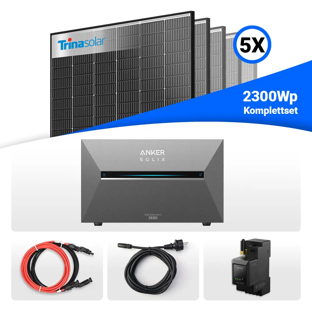 2300W Solarkraftwerk Komplettset mit Speicher – bestehend aus 5x Trina Vertex S+ 460W Glas-Glas Solarmodulen im Black Frame Design und der Anker Solix Solarbank 3 Pro mit 2,68 kWh Speicher. Inklusive Smart-Meter, Anschlusskabel und Zubehör. Erhältlich bei sh24.