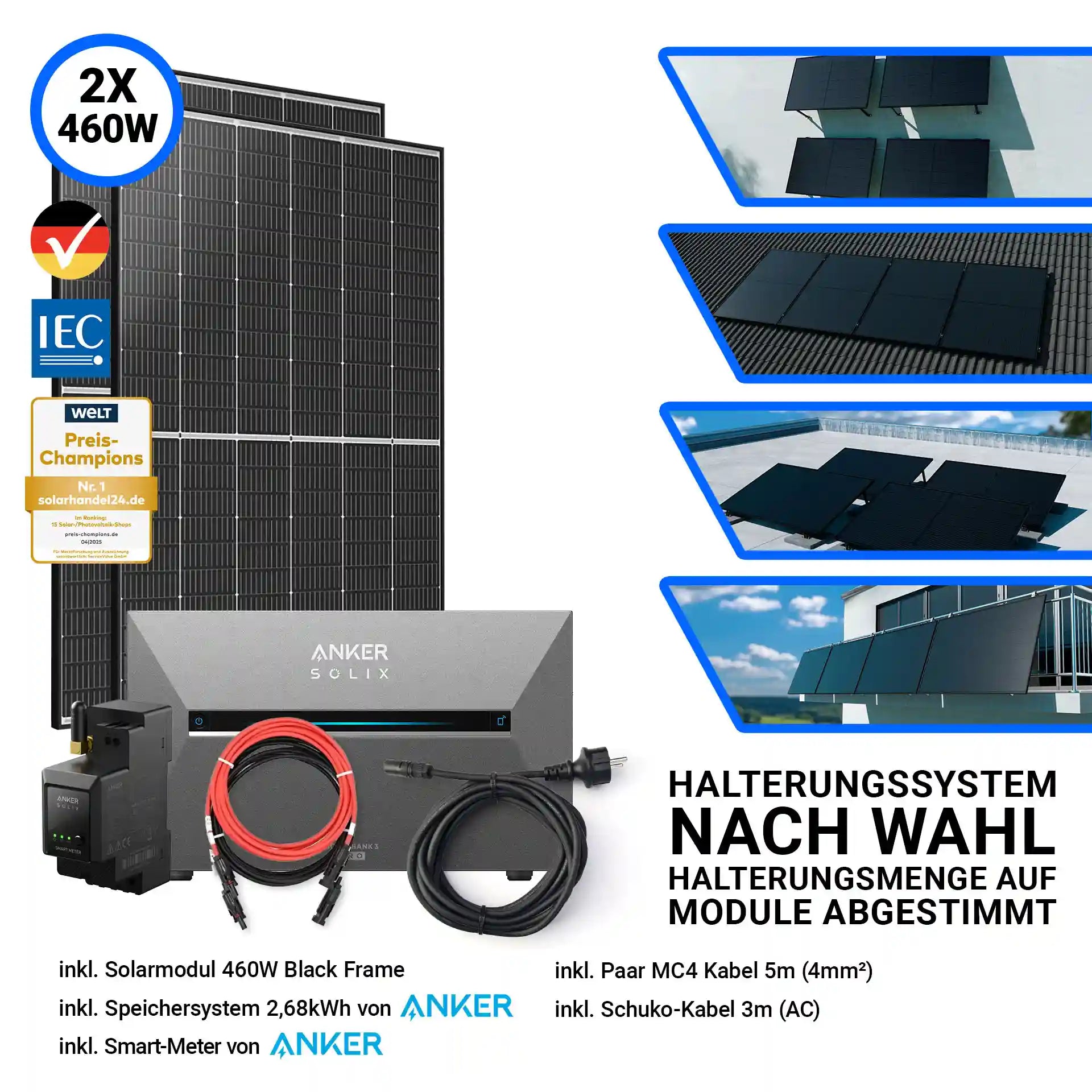 920W Balkonkraftwerk mit Speicher – bestehend aus 2x Trina Vertex S+ 460W Black Frame bifazialen Solarmodulen und der Anker Solix Solarbank 3 Pro mit 2,68 kWh Speicher. Inklusive Smart-Meter, Kabelset und flexiblem Montagesystem. Erhältlich bei sh24.