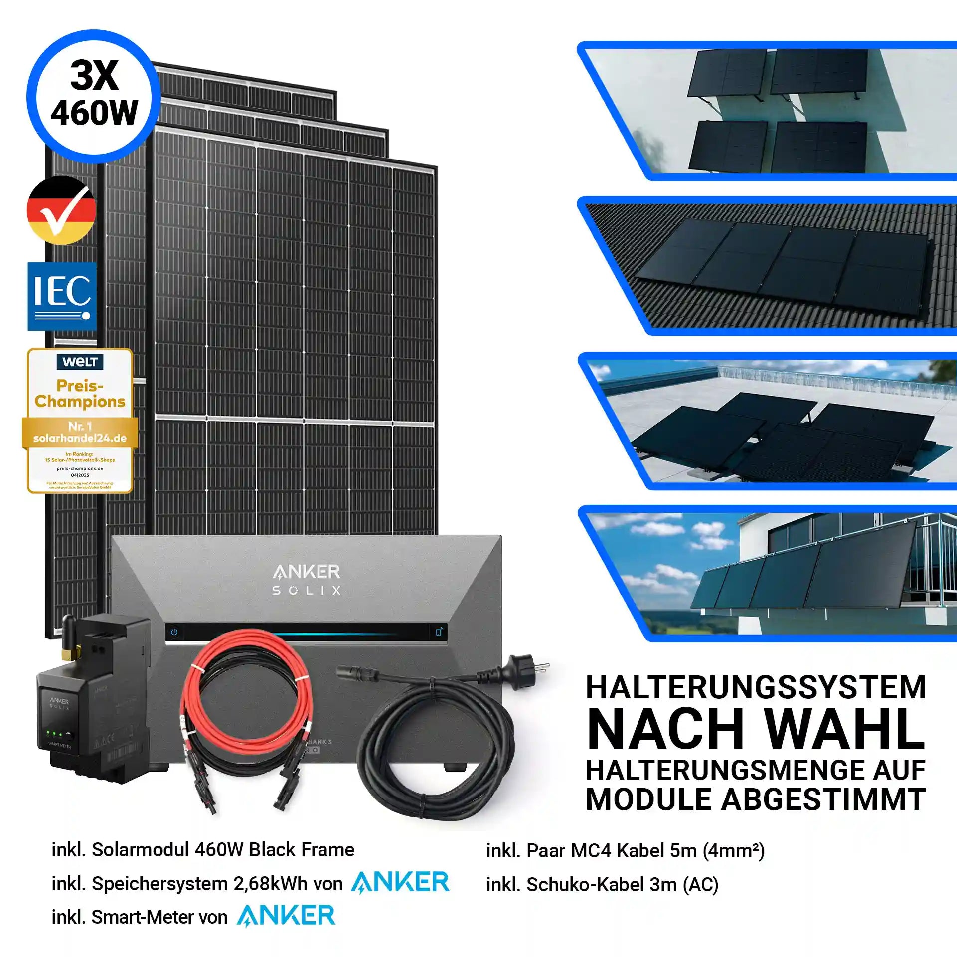 1380W Balkonkraftwerk mit Speicher – Komplettset bestehend aus 3x Trina Vertex S+ 460W Glas-Glas Solarmodulen im Black Frame Design und der Anker Solix Solarbank 3 Pro mit 2,68 kWh Speicher. Inklusive Smart-Meter, Kabelset und Halterungssystem nach Wahl. Erhältlich bei sh24.