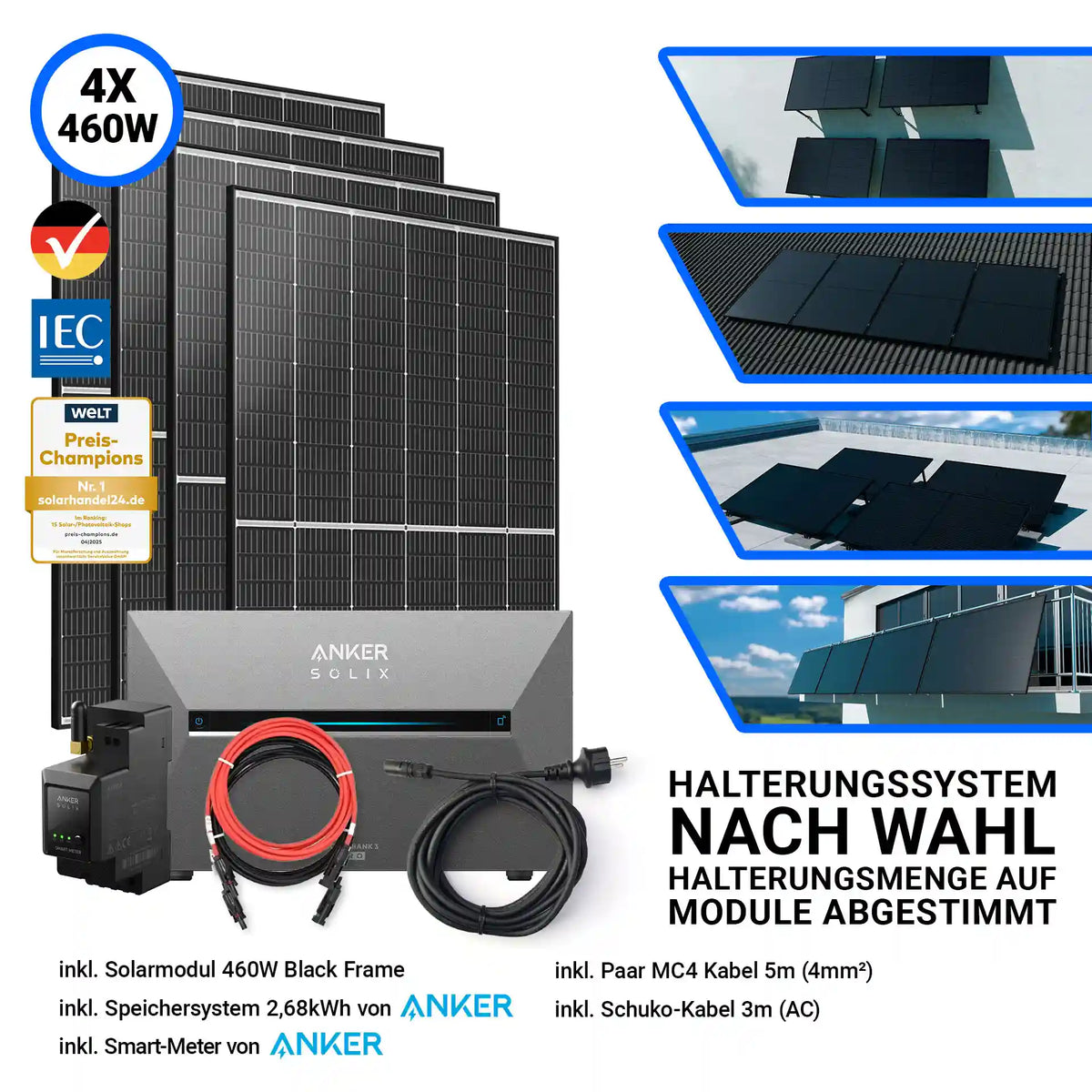 1840W Balkonkraftwerk mit Speicher – Komplettset bestehend aus 4x Trina Vertex S+ 460W Glas-Glas Solarmodulen im Black Frame Design und der Anker Solix Solarbank 3 Pro mit 2,68 kWh Speicher. Inklusive Smart-Meter, Kabelset und flexibel wählbarem Halterungssystem. Erhältlich bei sh24.