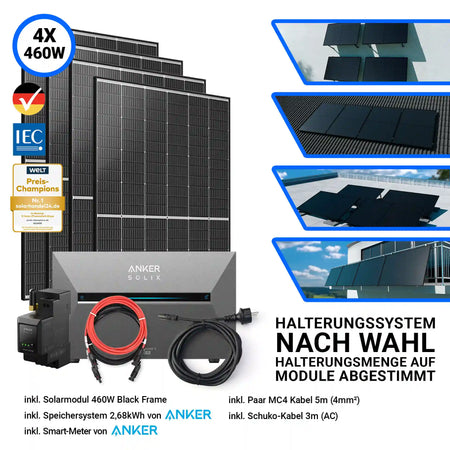 1840W Balkonkraftwerk mit Speicher – Komplettset bestehend aus 4x Trina Vertex S+ 460W Glas-Glas Solarmodulen im Black Frame Design und der Anker Solix Solarbank 3 Pro mit 2,68 kWh Speicher. Inklusive Smart-Meter, Kabelset und flexibel wählbarem Halterungssystem. Erhältlich bei sh24.