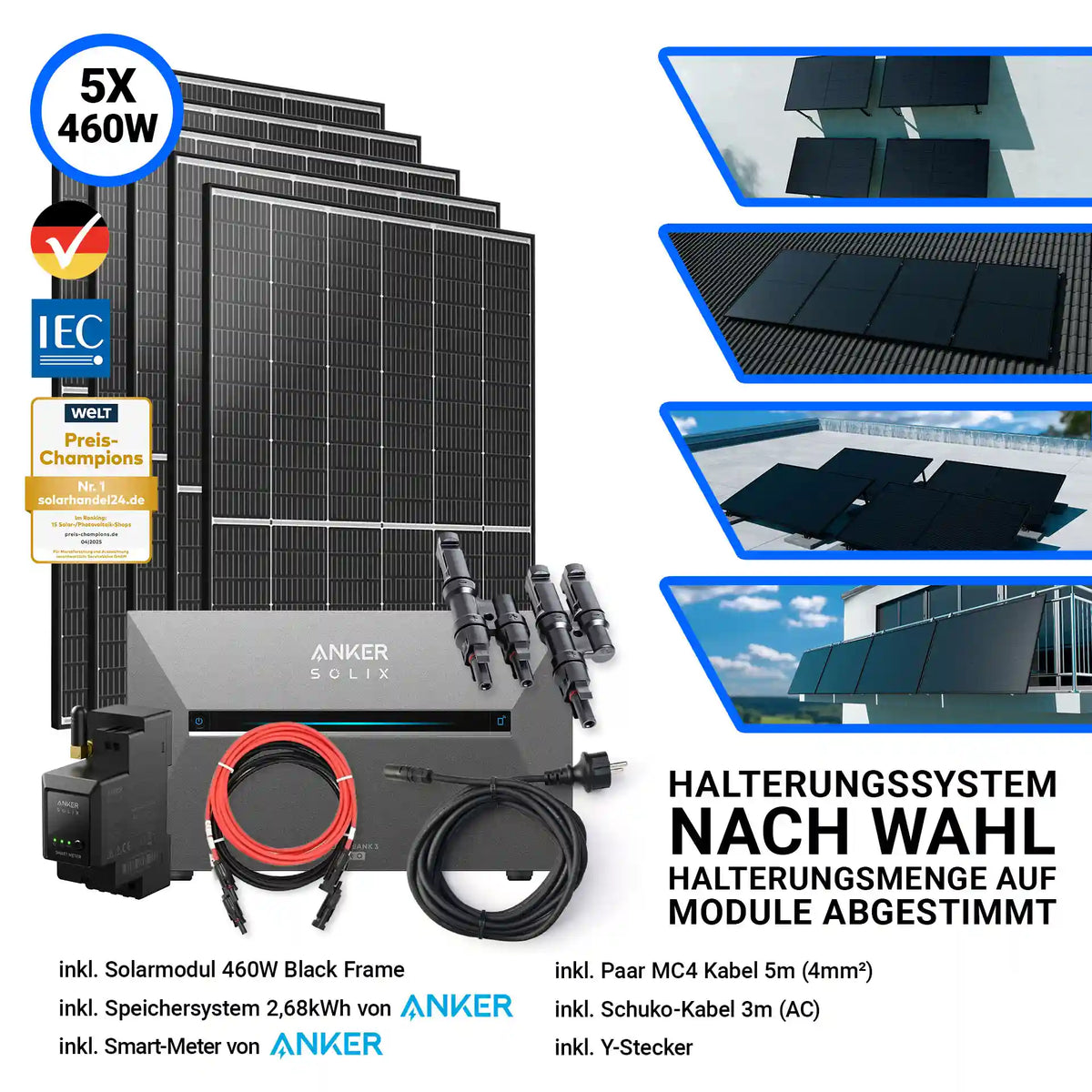 2300W Solarkraftwerk mit Speicher – Komplettset mit 5x Trina Vertex S+ 460W Glas-Glas Solarmodulen im Black Frame Design und der Anker Solix Solarbank 3 Pro mit 2,68 kWh Speicher. Inklusive Smart-Meter, Kabelset, Y-Stecker und flexibel wählbarem Halterungssystem. Erhältlich bei sh24.