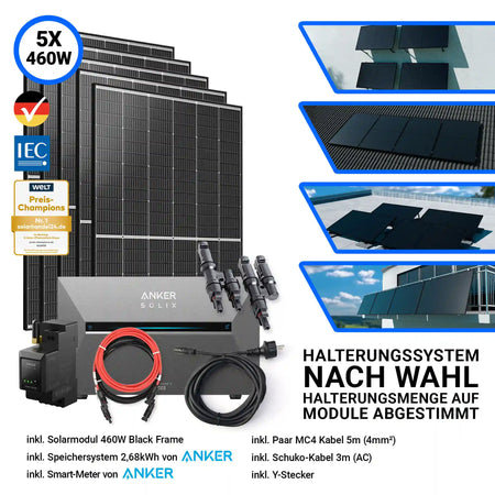 2300W Solarkraftwerk mit Speicher – Komplettset mit 5x Trina Vertex S+ 460W Glas-Glas Solarmodulen im Black Frame Design und der Anker Solix Solarbank 3 Pro mit 2,68 kWh Speicher. Inklusive Smart-Meter, Kabelset, Y-Stecker und flexibel wählbarem Halterungssystem. Erhältlich bei sh24.