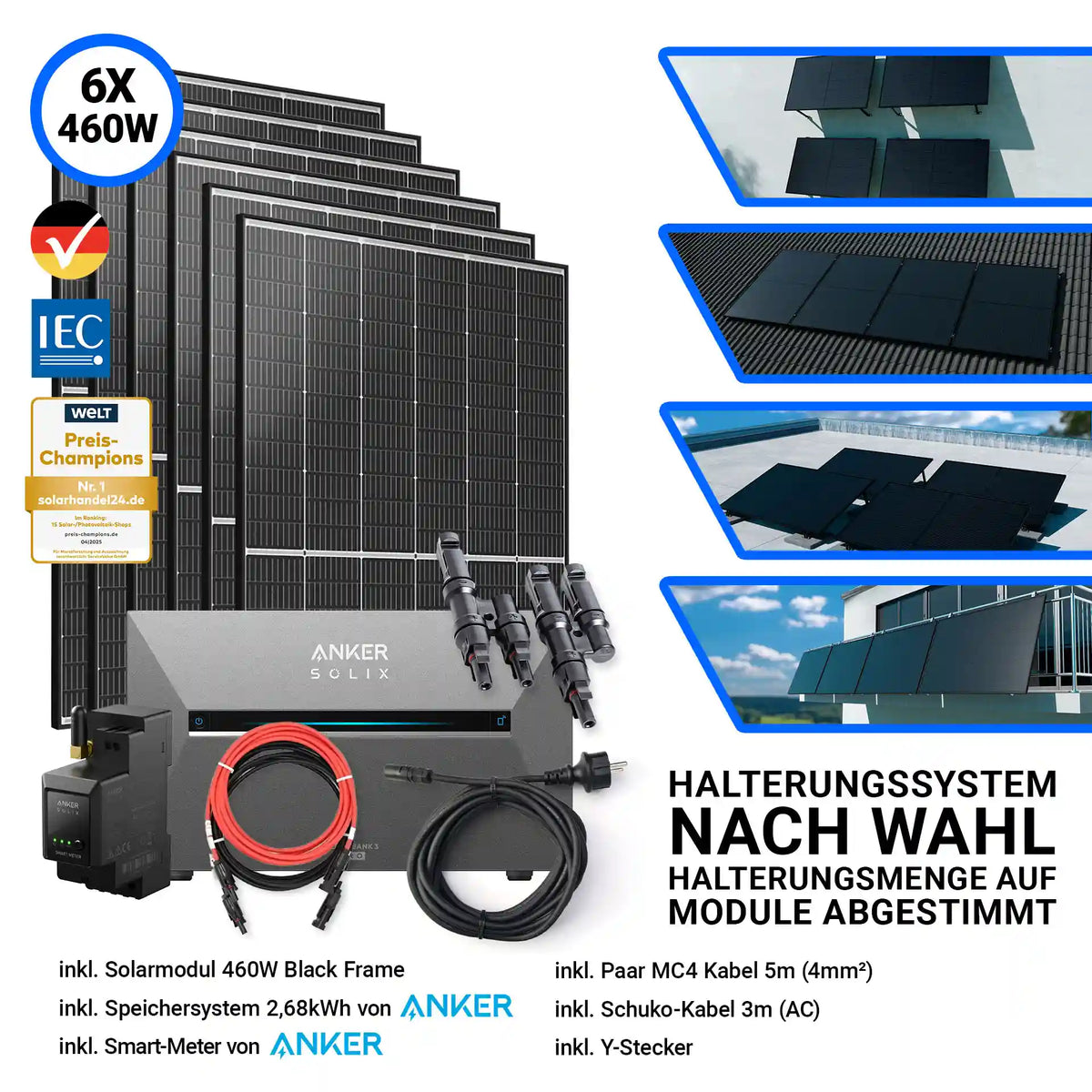 2760W Solarkraftwerk mit Speicher – Komplettset mit 6x Trina Vertex S+ 460W Glas-Glas Solarmodulen im Black Frame Design und der Anker Solix Solarbank 3 Pro mit 2,68 kWh Speicher. Inklusive Smart-Meter, Kabelset, Y-Stecker und Halterungssystem nach Wahl. Erhältlich bei sh24.