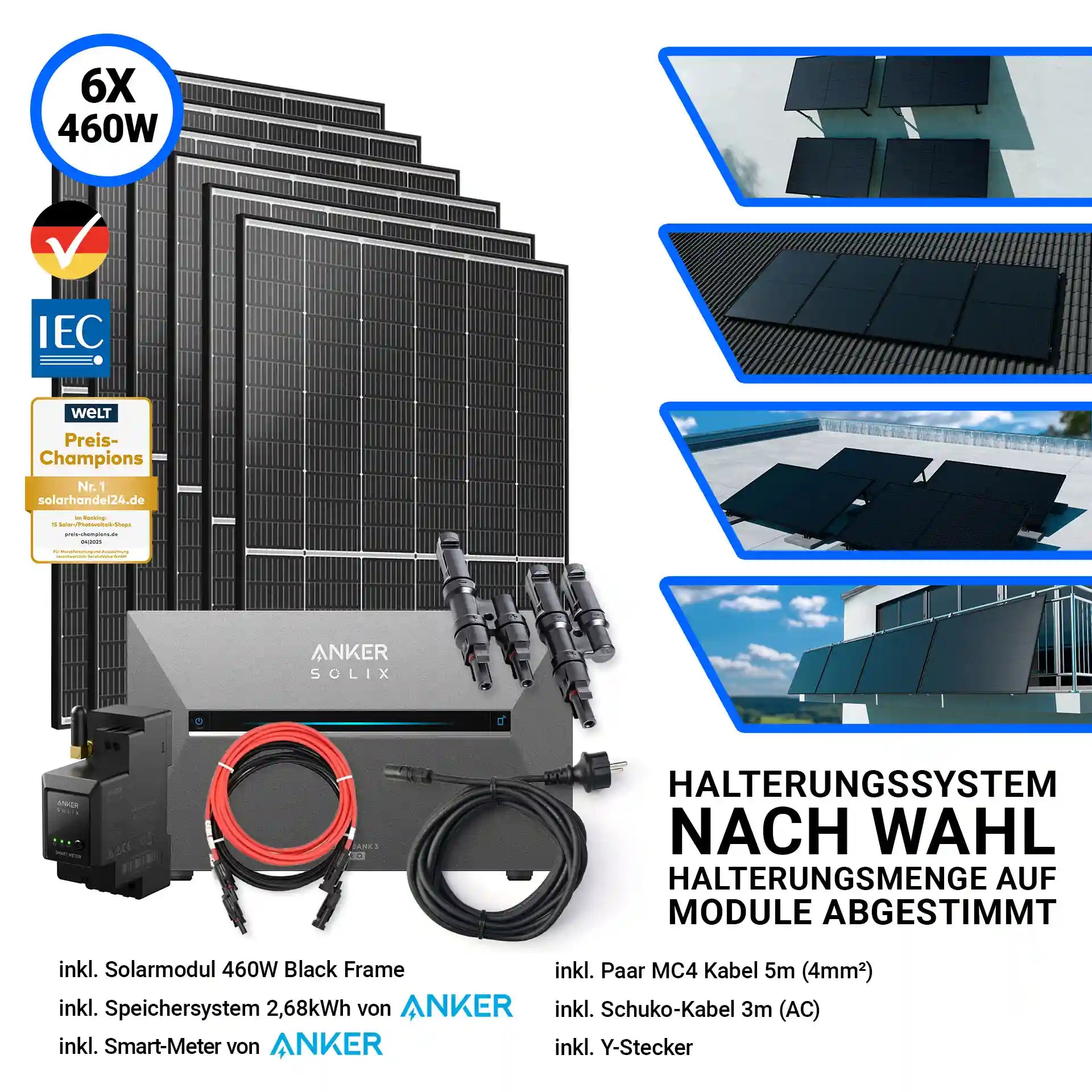 2760W Solarkraftwerk mit Speicher – Komplettset mit 6x Trina Vertex S+ 460W Glas-Glas Solarmodulen im Black Frame Design und der Anker Solix Solarbank 3 Pro mit 2,68 kWh Speicher. Inklusive Smart-Meter, Kabelset, Y-Stecker und Halterungssystem nach Wahl. Erhältlich bei sh24.