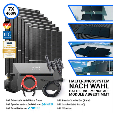 3220W Solarkraftwerk mit Speicher – Komplettset bestehend aus 7x Trina Vertex S+ 460W Glas-Glas Solarmodulen im Black Frame Design und der Anker Solix Solarbank 3 Pro mit 2,68 kWh Speicher. Inklusive Smart-Meter, Kabelset, Y-Stecker und flexibel wählbarem Halterungssystem. Erhältlich bei sh24.