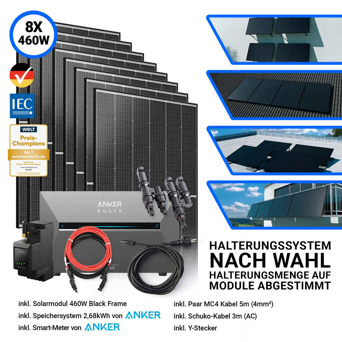 3680W Solarkraftwerk mit Speicher – Komplettset mit 8x Trina Vertex S+ 460W Glas-Glas Solarmodulen im Black Frame Design und der Anker Solix Solarbank 3 Pro mit 2,68 kWh Speicher. Inklusive Smart-Meter, Kabelset, Y-Stecker und flexibel wählbarem Halterungssystem. Erhältlich bei sh24.