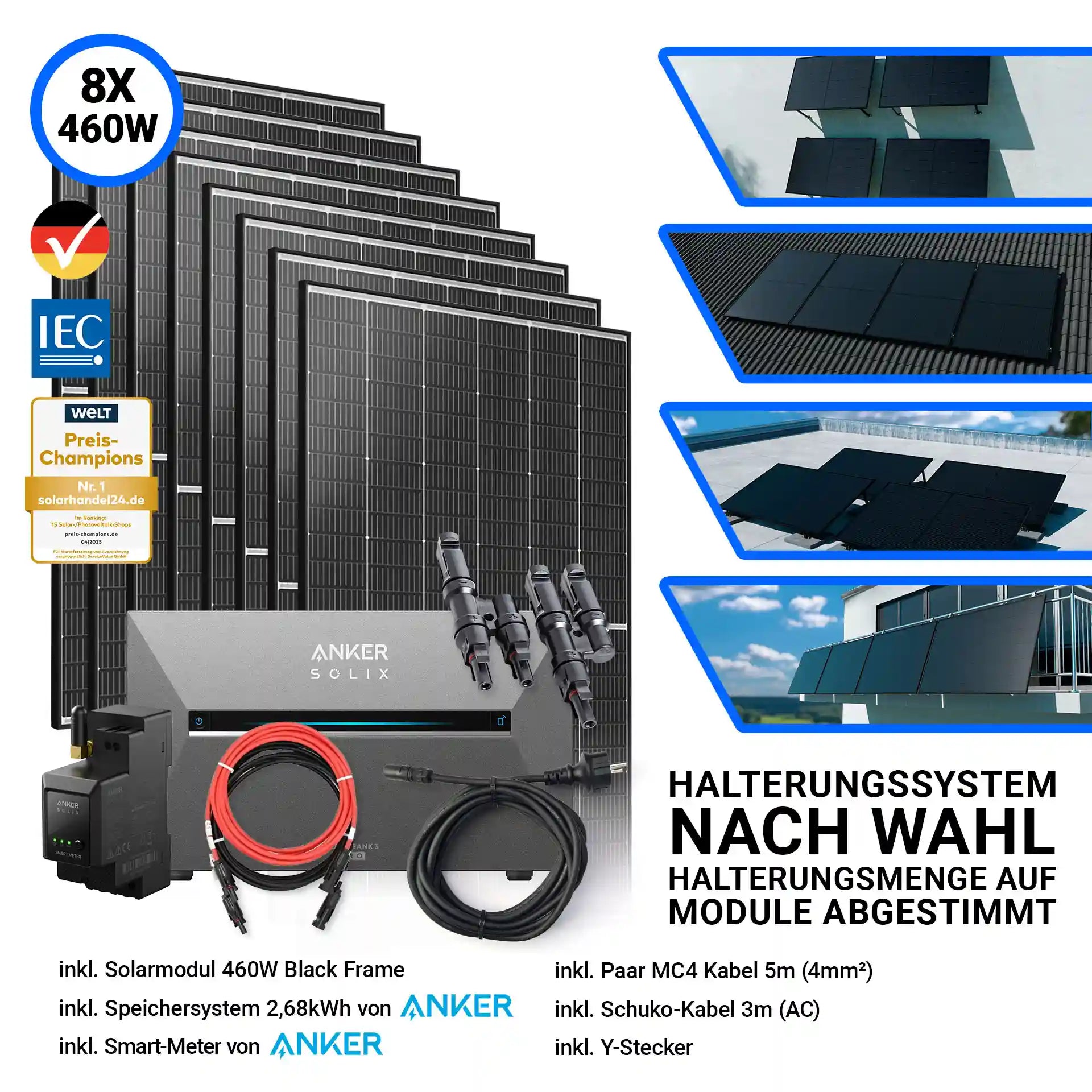 3680W Solarkraftwerk mit Speicher – Komplettset mit 8x Trina Vertex S+ 460W Glas-Glas Solarmodulen im Black Frame Design und der Anker Solix Solarbank 3 Pro mit 2,68 kWh Speicher. Inklusive Smart-Meter, Kabelset, Y-Stecker und flexibel wählbarem Halterungssystem. Erhältlich bei sh24.