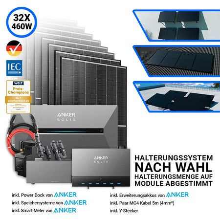 14,72 kW Anker Solix Power Dock Komplettset mit 32x Trina Vertex S+ 460W Glas-Glas Solarmodulen im schwarzen Rahmen. Set inkl. Anker Solix Power Dock, Solarbank 3 Pro Speichersystem, Erweiterungsakkus, Smart Meter, MC4-Kabel und Y-Stecker. Halterungssystem nach Wahl, abgestimmt auf Modulanzahl.
