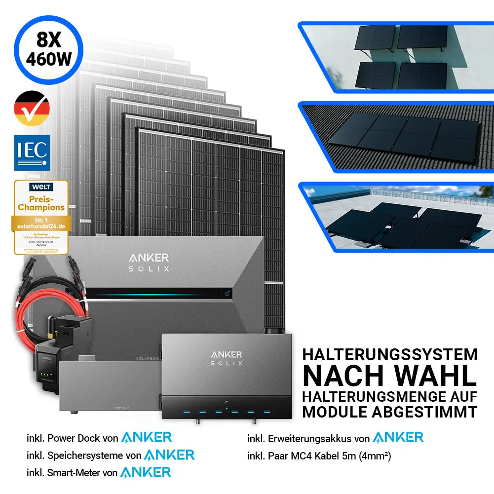 3680W Anker Solix Power Dock PV-Komplettset mit 8x Trina Vertex S+ 460W Glas-Glas Solarmodulen im Black Frame Design. Inklusive Anker Solix Solarbank 3 Pro, Power Dock, Erweiterungsakku, Smart Meter und MC4-Verbindungskabel. Halterungssystem frei wählbar.