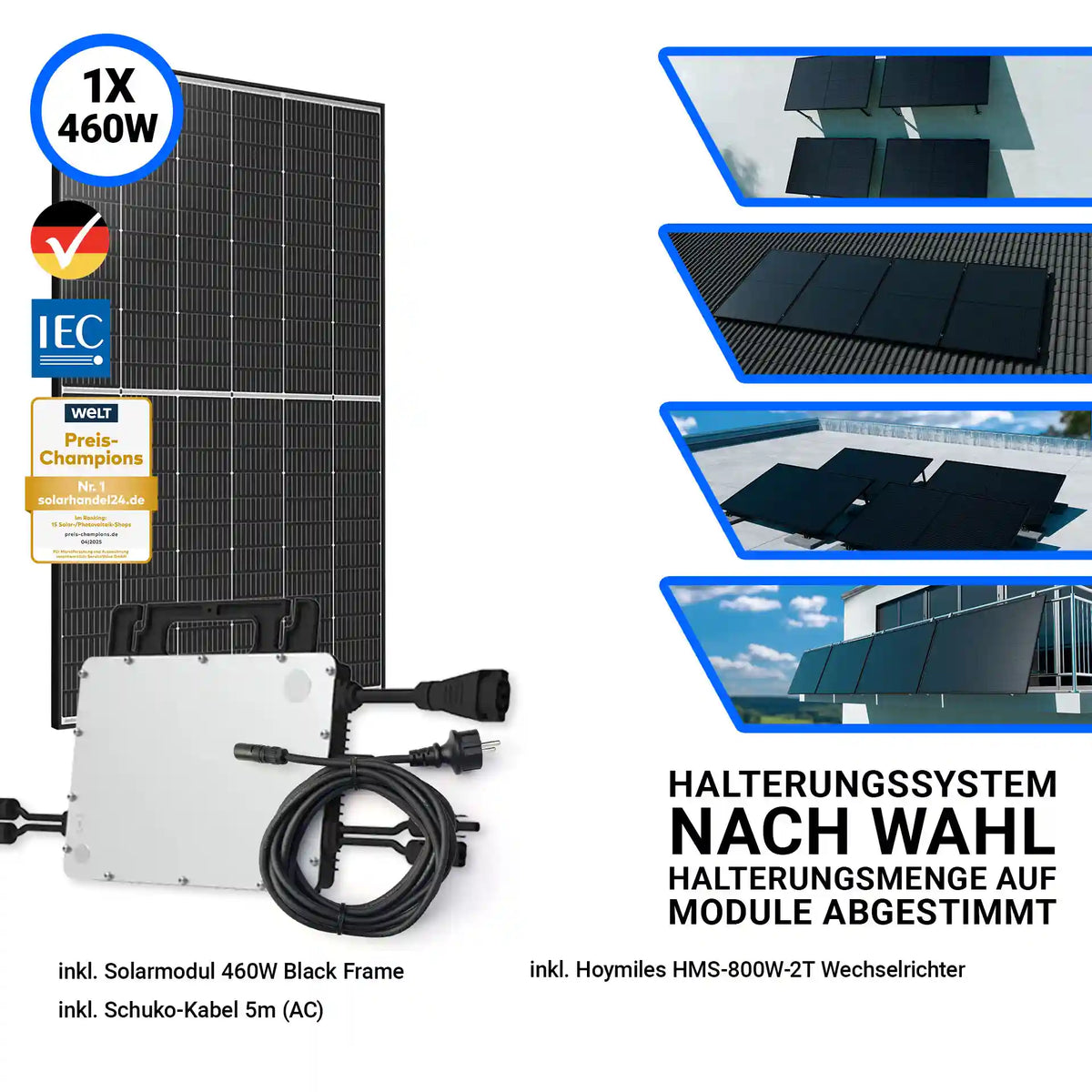 460W Balkonkraftwerk – Komplettset mit 1x Trina Vertex S+ 460W Glas-Glas Solarmodul im Black Frame Design und Hoymiles HMS-800W-2T Wechselrichter. Inklusive 5 m Schuko-Kabel und Halterungssystem nach Wahl. Erhältlich bei sh24.