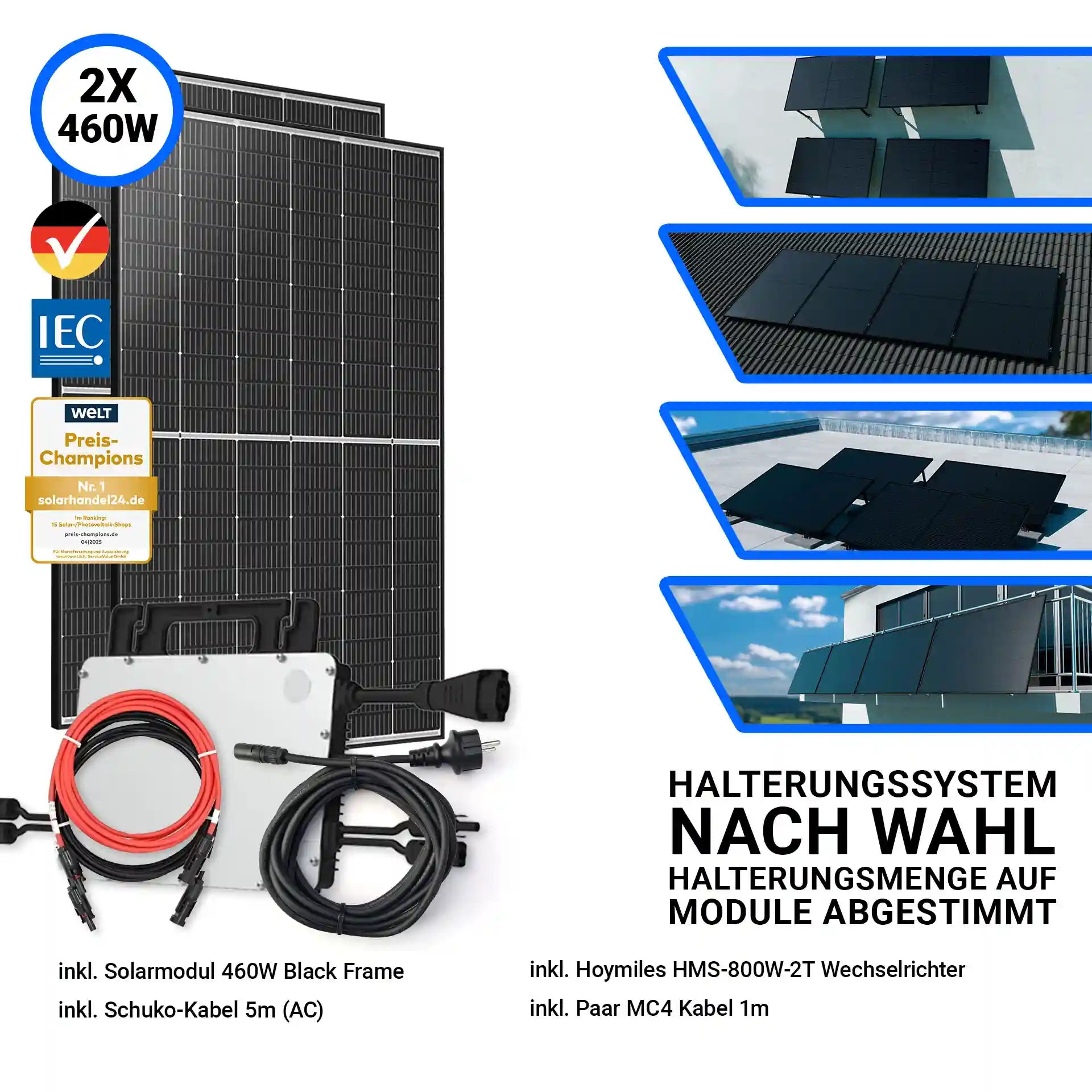 920W Balkonkraftwerk – Komplettset mit 2x Trina Vertex S+ 460W Glas-Glas Solarmodulen im Black Frame Design und Hoymiles HMS-800W-2T Wechselrichter. Inklusive 5 m Schuko-Kabel, MC4-Kabel und Halterungssystem nach Wahl. Erhältlich bei sh24.