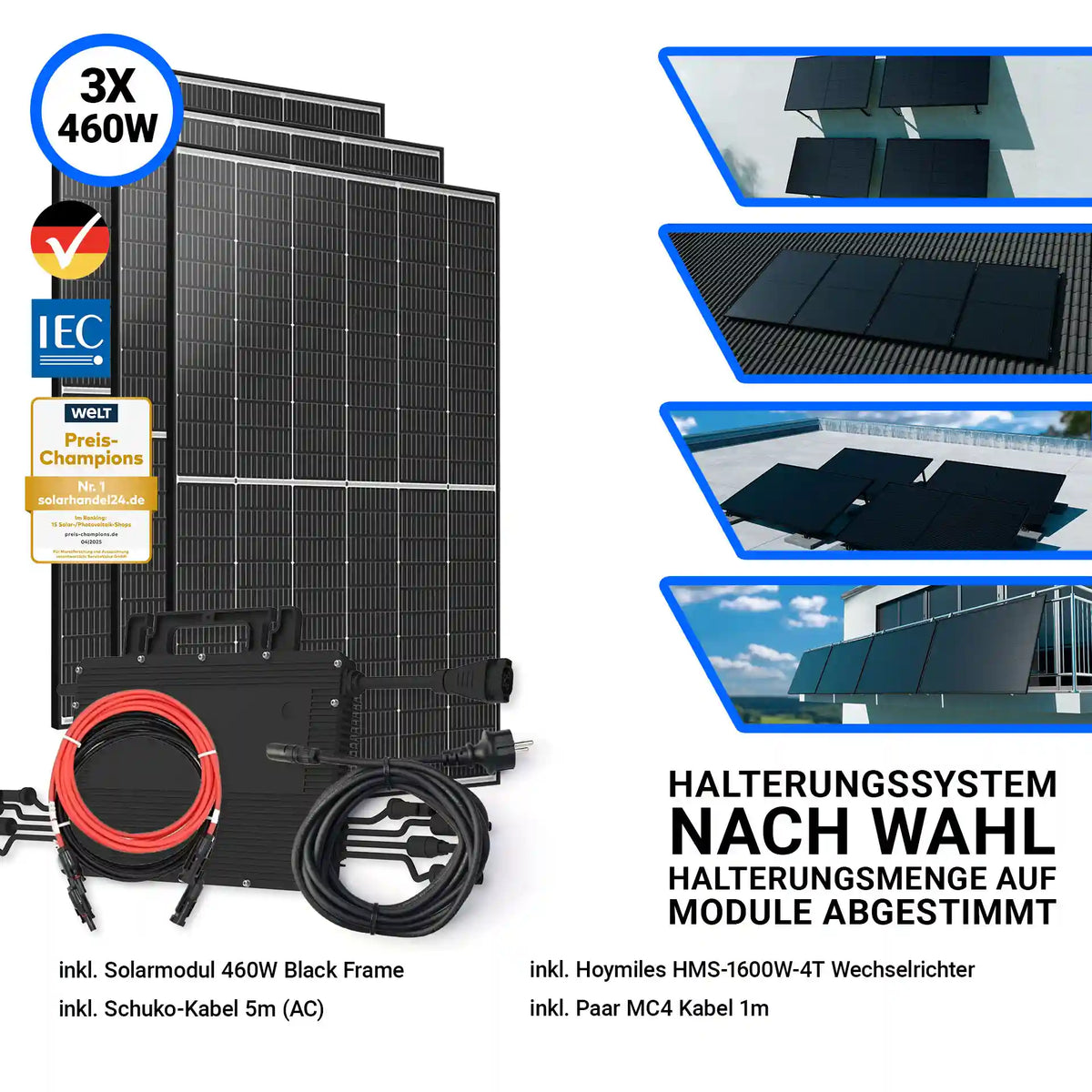 1380W Balkonkraftwerk – Komplettset mit 3x Trina Vertex S+ 460W Glas-Glas Solarmodulen im Black Frame Design und Hoymiles HMS-1600W-4T Wechselrichter inklusive DTU WLITE-S. Inklusive 5 m Schuko-Kabel, MC4-Kabel und Halterungssystem nach Wahl. Erhältlich bei sh24.