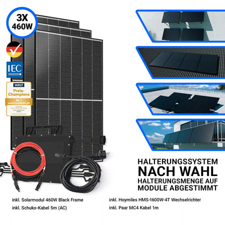 1380W Balkonkraftwerk – Komplettset mit 3x Trina Vertex S+ 460W Glas-Glas Solarmodulen im Black Frame Design und Hoymiles HMS-1600W-4T Wechselrichter inklusive DTU WLITE-S. Inklusive 5 m Schuko-Kabel, MC4-Kabel und Halterungssystem nach Wahl. Erhältlich bei sh24.