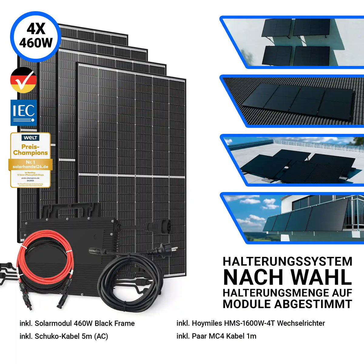 1840W Balkonkraftwerk – Set mit 4x Trina Vertex S+ 460W Glas-Glas Solarmodulen im Black Frame Design und Hoymiles HMS-1600W-4T Wechselrichter. Inklusive DTU WLITE-S, MC4-Verbindungskabel und Schuko-Anschlusskabel. Halterungssystem nach Wahl.