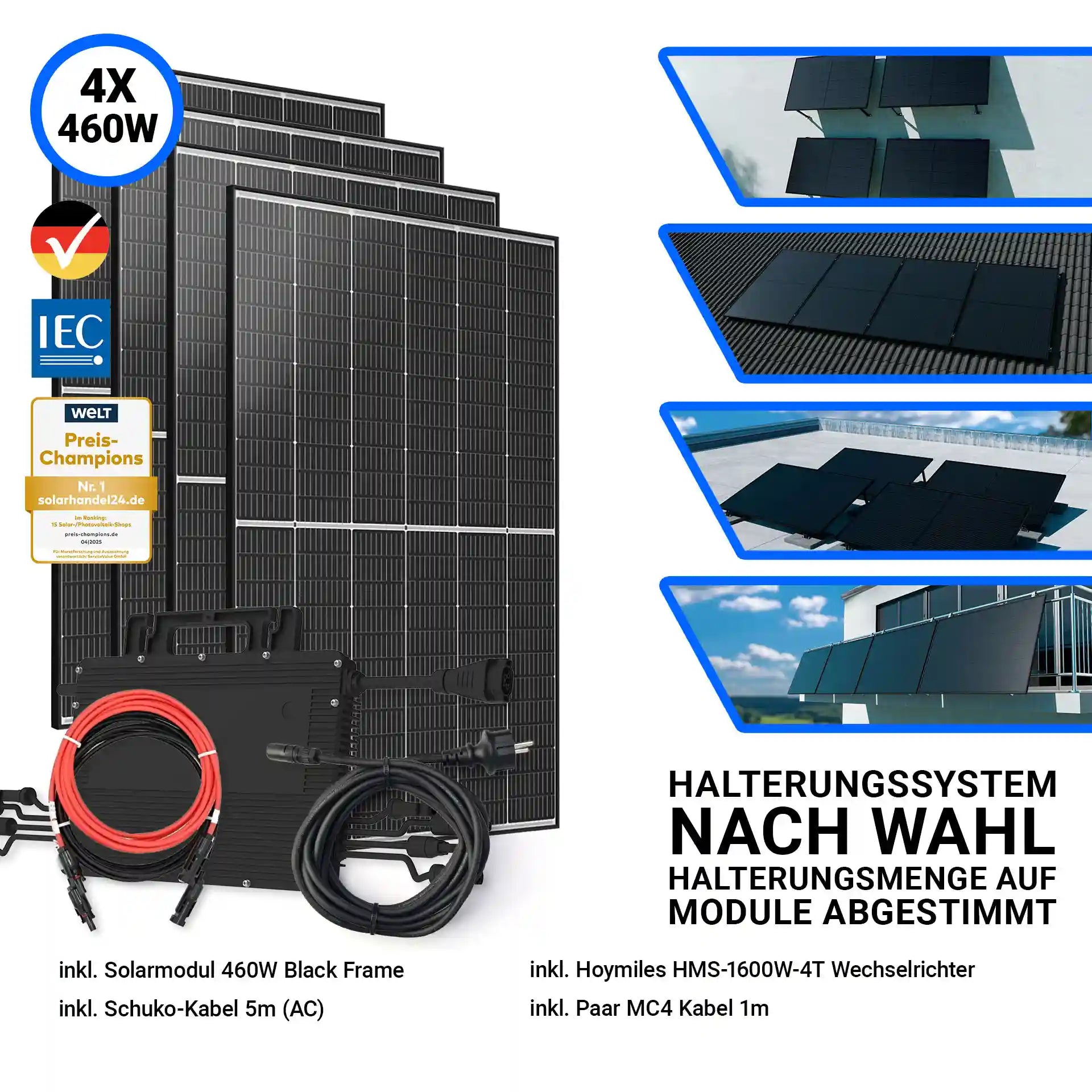 1840W Balkonkraftwerk – Set mit 4x Trina Vertex S+ 460W Glas-Glas Solarmodulen im Black Frame Design und Hoymiles HMS-1600W-4T Wechselrichter. Inklusive DTU WLITE-S, MC4-Verbindungskabel und Schuko-Anschlusskabel. Halterungssystem nach Wahl.