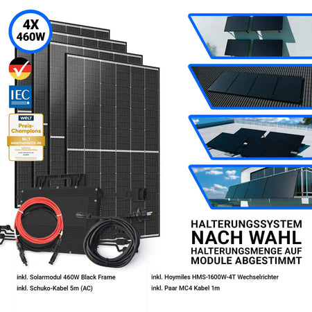 1840W Balkonkraftwerk – Set mit 4x Trina Vertex S+ 460W Glas-Glas Solarmodulen im Black Frame Design und Hoymiles HMS-1600W-4T Wechselrichter. Inklusive DTU WLITE-S, MC4-Verbindungskabel und Schuko-Anschlusskabel. Halterungssystem nach Wahl.