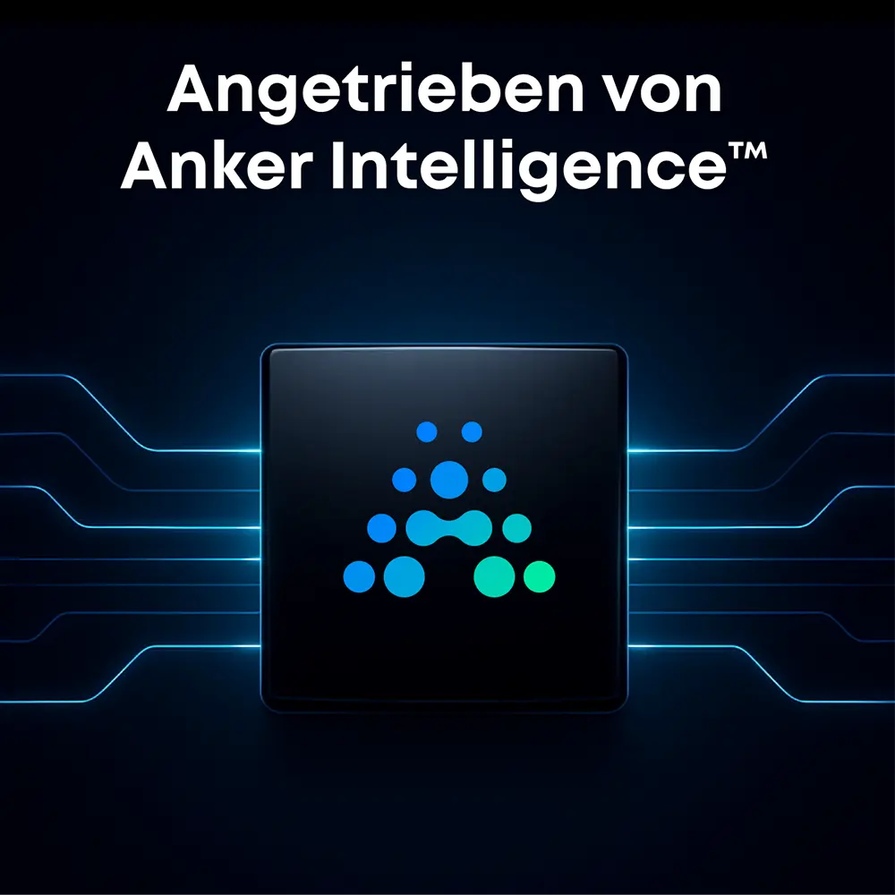 Grafische Darstellung eines schwarzen Chips mit blau-grünem Symbol, das Kreise in Form eines stilisierten ‚A‘ zeigt. Darüber der Schriftzug: ‚Angetrieben von Anker Intelligence™‘. Im Hintergrund verlaufen blaue Datenlinien, die den Chip mit Energie und Intelligenz verbinden.