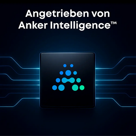 Grafik mit leuchtendem Chip-Symbol, bestehend aus blauen und grünen Punkten in Form eines stilisierten ‚A‘. Darüber der Schriftzug: ‚Angetrieben von Anker Intelligence™‘. Im Hintergrund verlaufen blaue Datenlinien, die den Chip verbinden.