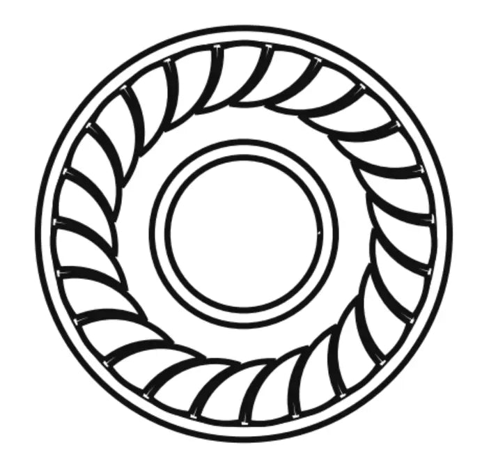 Technische Zeichnung einer Sperrzahnmutter M10 gemäß DIN 6923 in Draufsicht. Die Mutter zeigt einen inneren Gewindekern und eine integrierte, gezahnte Unterlegscheibe mit radial verlaufenden Sperrzähnen. Diese verhindern selbsttätiges Lösen bei Vibration. Die gezackte Struktur verläuft spiralförmig nach außen und sorgt für sichere Klemmwirkung auf dem Gegenmaterial. Typische Anwendung im Maschinen- und Anlagenbau sowie in Montagesystemen mit vibrationsbelasteten Verbindungen.