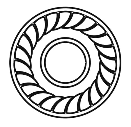 Technische Zeichnung einer Sperrzahnmutter M10 gemäß DIN 6923 in Draufsicht. Die Mutter zeigt einen inneren Gewindekern und eine integrierte, gezahnte Unterlegscheibe mit radial verlaufenden Sperrzähnen. Diese verhindern selbsttätiges Lösen bei Vibration. Die gezackte Struktur verläuft spiralförmig nach außen und sorgt für sichere Klemmwirkung auf dem Gegenmaterial. Typische Anwendung im Maschinen- und Anlagenbau sowie in Montagesystemen mit vibrationsbelasteten Verbindungen.