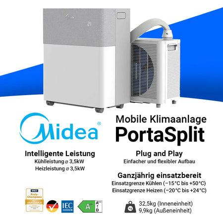 Midea PortaSplit mobile Klimaanlage mit Split-System. Intelligente Leistung: Kühlleistung 3,5 kW, Heizleistung 3,5 kW. Plug-and-Play für einfachen Aufbau. Ganzjährig einsetzbar: Kühlbetrieb von −15 °C bis +50 °C, Heizbetrieb von −20 °C bis +24 °C. Innenheit wiegt 32,5 kg, Außeneinheit 9,9 kg. Energieeffizienzklasse A++.