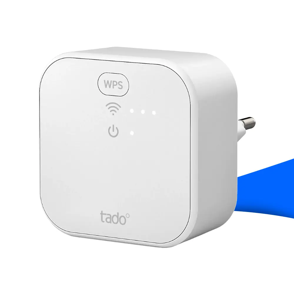 tado° X Bridge – kompakte, weiße Smart-Home-Zentrale mit WLAN- und WPS-Taste für die Steuerung von tado° X und Matter-Geräten, direkt in die Steckdose steckbar.